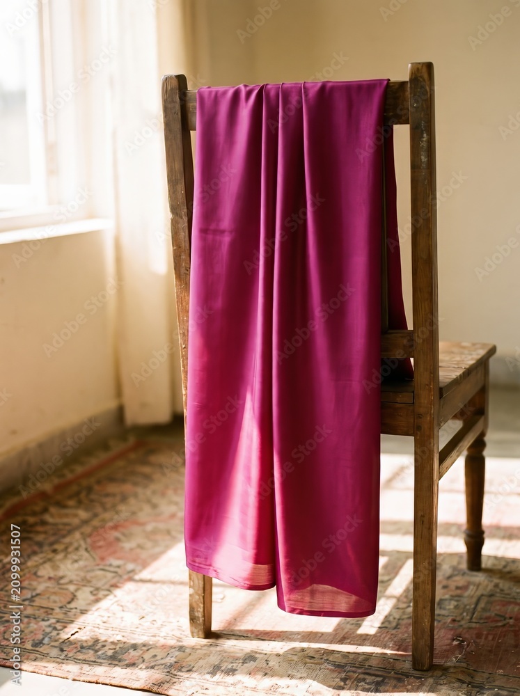 Fototapeta premium Magenta Silk Dupatta Draped Over Wooden Chair