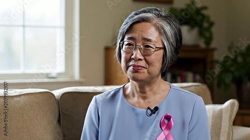 Elderly Asian Woman with Pink Ribbon Symbolizing Breast Cancer Awareness Sitting Indoors with Natural Light and Smiling, Healthcare and Wellness Concept