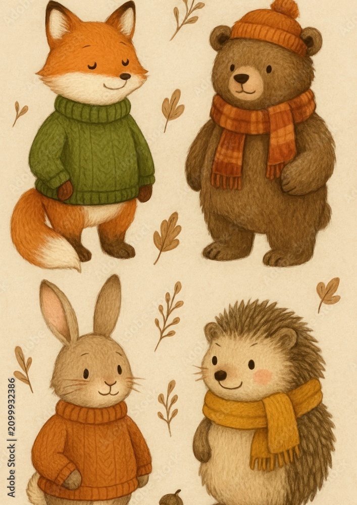 Fototapeta premium Cute woodland animals in sweaters.