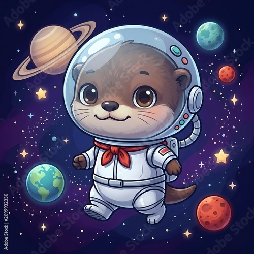 Cute baby otter astronaut floating in outer space illustration