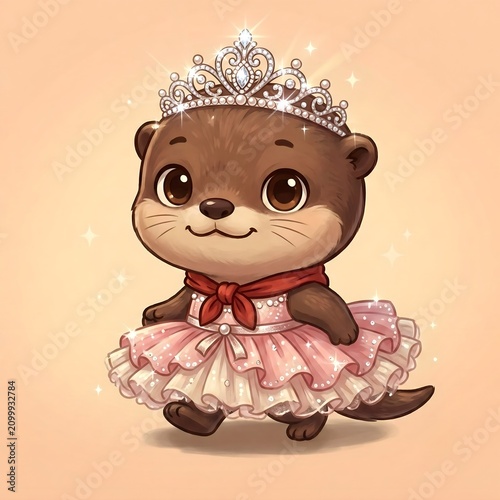 Little otter princess wearing a pink gown and glittering silver tiara
