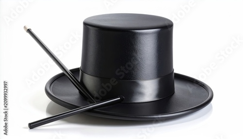 Sleek black top hat and wand, classic magic props, studio isolated