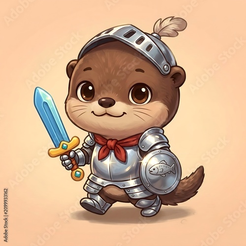 Cute baby otter knight in shining silver armor holding a sword