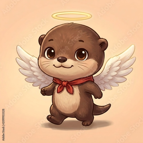 Adorable cartoon angel otter with feather wings and red scarf
