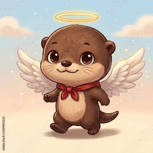 Cute baby otter angel with white wings and a glowing golden halo