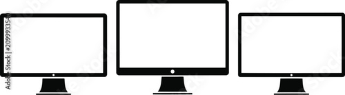 Three black computer monitor icons in a row