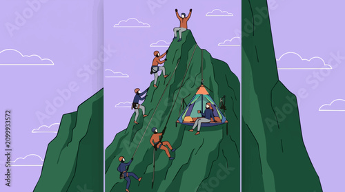 Photos Mountain climbing adventure with climbers and person relaxing in cliffside tent