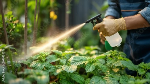 Hand spraying pesticide on green leaves in garden with protective gloves on Organic Pest Control Methods concept of pest control and agriculture care