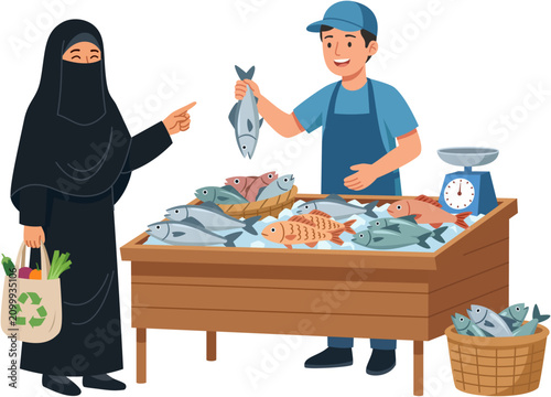 Tableau sur toile Muslimah Vendor Selling Fresh Seafood at Local Market