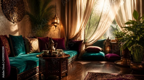 Exotic tea lounge, luxurious interior with oriental style and relaxing atmosphere