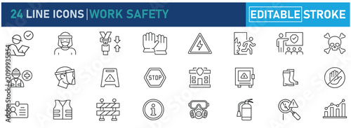 Work Safety Line Icon Set. Contain icons warning, emergency exit,  safety helmet, face shield, respirator, fire extinguisher, first aid, safet, and more. Editable stroke. Vector illustration.