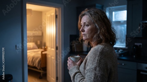 Tired family carer pausing with a cup of tea during end of life care at home