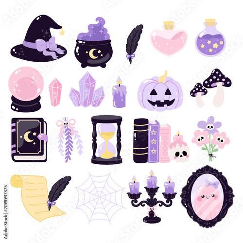 Cute magical witch decor, potion, spell books clipart set