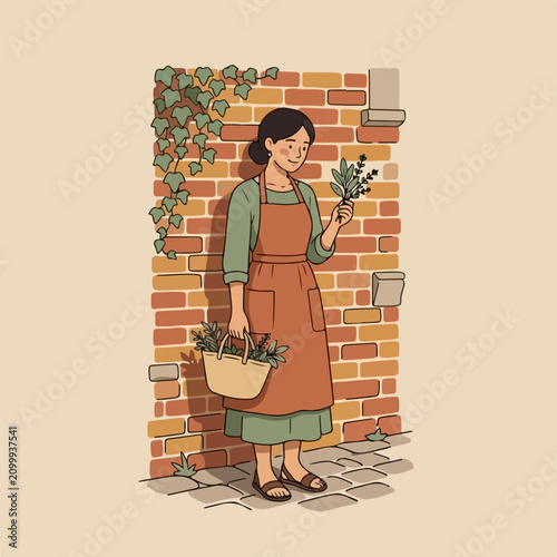 Woman Holding Flower and Basket.