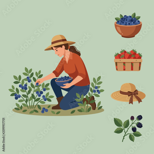 Woman picking blueberry bushes outdoors.