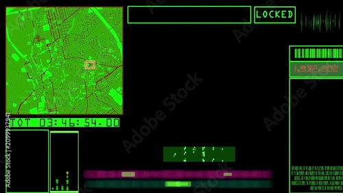 Futuristic HUD interface with digital city map target acquisition and scanning data display.