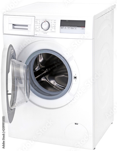 Front loading washing machine with open door isolated on transparent background PNG