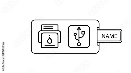 Konstfotografi Printer document file icon and usb connection port icon with nametag identifier