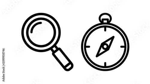 Magnifying glass and compass navigation icons with magnifying, navigation