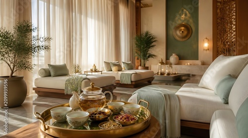 Luxury spa treatment room, tea set and relaxing atmosphere, wellness and hospitality background