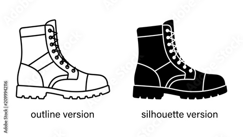 Slika na platnu Combat Boots: A pair of rugged combat boots, presented in both an outline and silhouette version, showcase their sturdy design and laced structure, ready for action