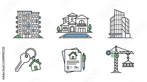 Bild auf Leinwand Real Estate Property and Architecture Flat Line Vector Icon Collection Featuring