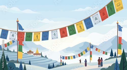 Photos Prayer Flags Flying Over Himalayan Valley with Buddhist Monastery and Terraced F