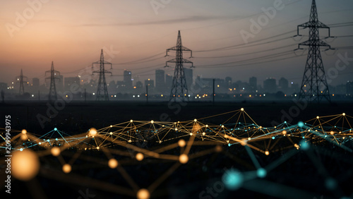 Abstract glowing network nodes connecting over transmission towers and city skyline at dusk, concept for smart grid, energy infrastructure and digital communication
