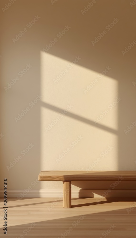 Fototapeta premium Minimalist beige interior with empty wooden bench and soft window shadow