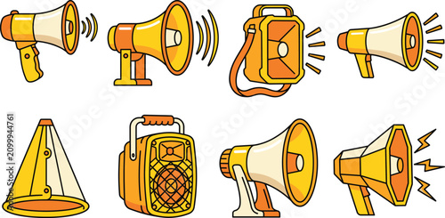 Картината върху платно Megaphone Loudspeaker Vector Icon Collection with Portable Public Address Equipm
