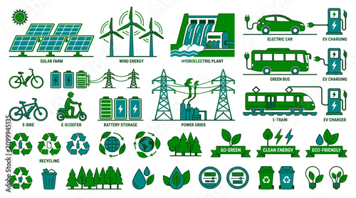 Eco friendly icons, green energy symbols, sustainable living graphics, environmental signs isolated on White Background