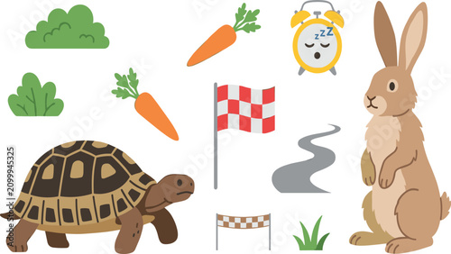 Foto Flat vector design of classic tortoise and hare story elements with turtle rabbi
