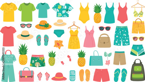 Canvastavla Tropical Summer Wardrobe and Beach Outfit Vector Collection featuring Swimwear,