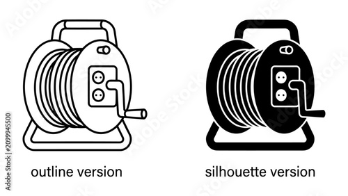 Bild auf Leinwand Cable Reel and Extension Cord Set: A graphic representation of a cable reel in both outline and silhouette versions, showcasing its portability and functionality for electrical extension