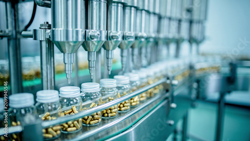 Automated filling machine processing golden capsules into clear bottles on a conveyor belt, sharp focus, ideal for pharmaceutical manufacturing, health product production and supplement packaging