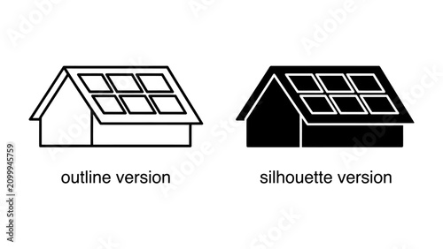 Принти на полотні Solar Panel Icon Set: Two distinct representations of a house with solar panels on its roof, one as an outline and the other as a solid silhouette, perfect for illustrating renewable energy concepts