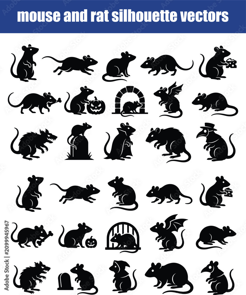 Obraz premium Set of black mouse and rat silhouette vectors