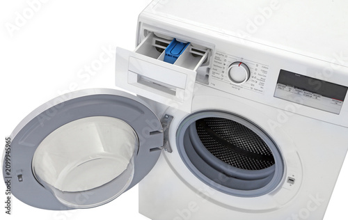 Front loading washing machine with open door and open detergent container isolated on transparent background PNG