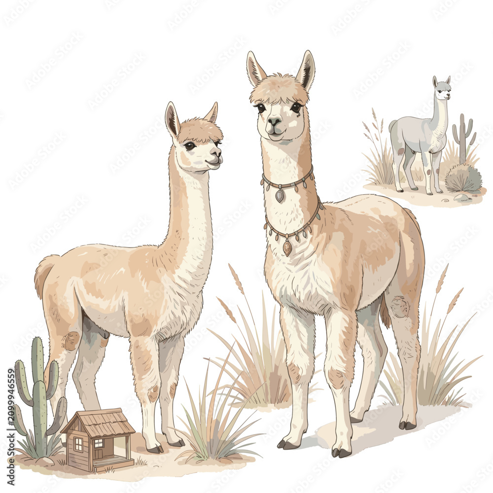 Obraz premium Two Alpacas Standing in Desert Landscape with Cactus and Small House