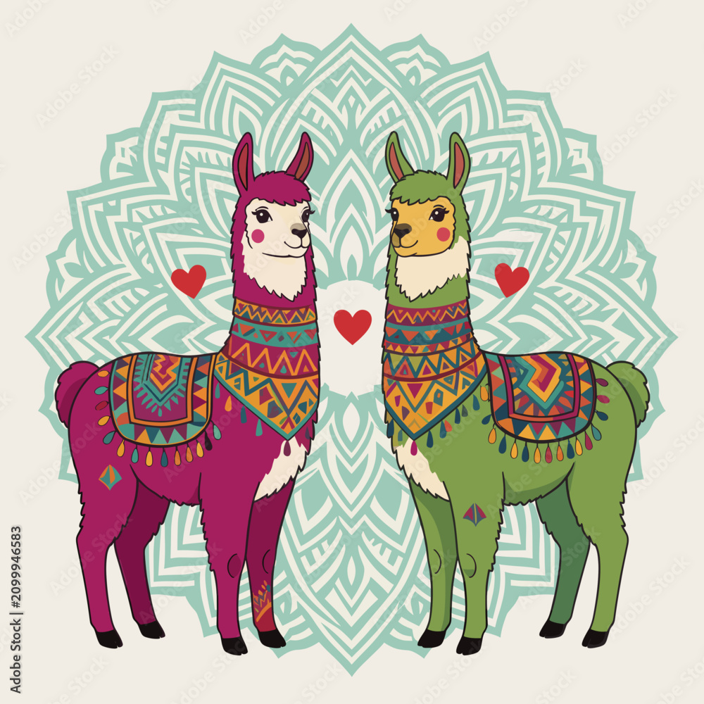 Obraz premium Two Colorful Alpacas Standing Side by Side Against Mandala Background