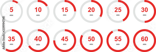 Minimalist timer icon set with red progress circles, 12 countdown clock symbols from 5 to 60 minutes, flat vector infographic elements for time management