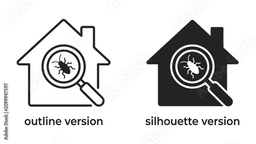 Foto Pest Inspection Icons: Two stylized icons representing a house with a magnifying glass examining a bug, available in both outline and silhouette versions, symbolizing inspection and pest control