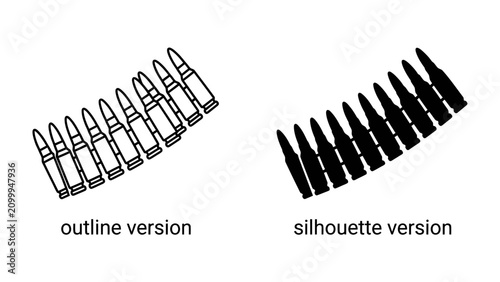 Quadro su tela Bullet Belt Outline and Silhouette: A graphic representation showcasing both an outline and a silhouette version of a bullet belt, illustrating distinct visual styles