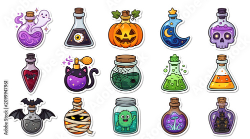 Magical Potions and Haunted Bottles Collection Cartoon Vector Isolated on Transparent Background Halloween Set