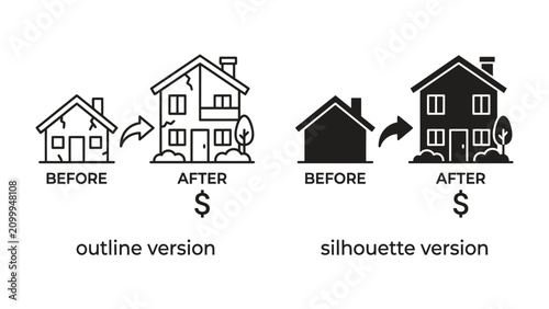 Home Renovation Before and After: Visual comparison illustrating the transformation of a house from a state of disrepair to a fully renovated property, representing investment and improvement.