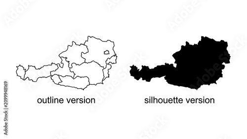 Photos Map of Austria: Two distinct representations of Austria, an outline map with internal state divisions and a solid silhouette, offer clear geographical depictions