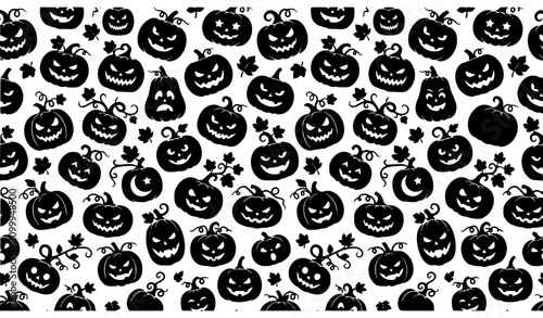 Halloween Pumpkin Seamless Pattern with Jack O Lantern Faces Autumn Leaves Spooky Holiday Background Vector Illustration Design
