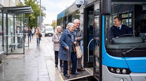 Elderly individuals boarding a city bus, showcasing community transport and accessibility.