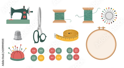 Flat vector illustration of sewing tools and embroidery equipment with machine, thread, and scissors on white background.