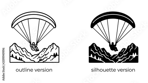 Tableau sur toile Paragliding Adventure Icon: Two stylized icons depict a paraglider soaring over mountainous terrain, one as a clean outline and the other as a bold silhouette, representing freedom and extreme sports